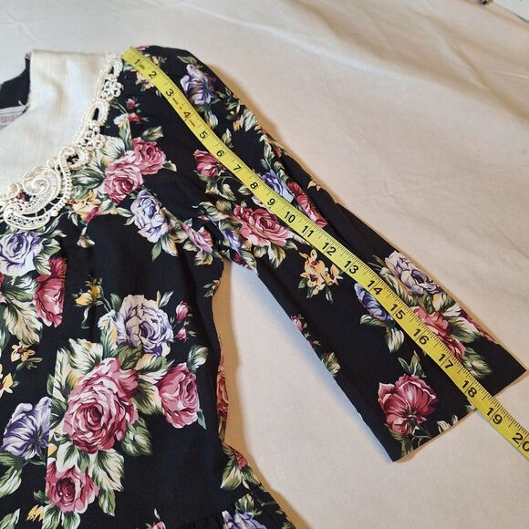 Lisa Petites Vintage 80s Black Floral Lace Bib Collared Neck Midi Dress Size 14 - Picture 6 of 11